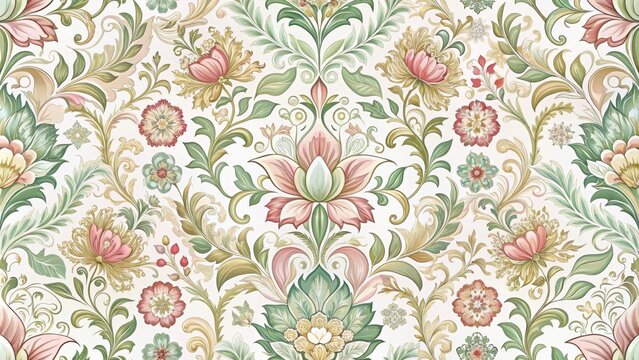 Elegant damask floral pattern with intricate design and repeating motifs of flowers, leaves and vines in soft pastel shades on a white background, white background, garden inspiration