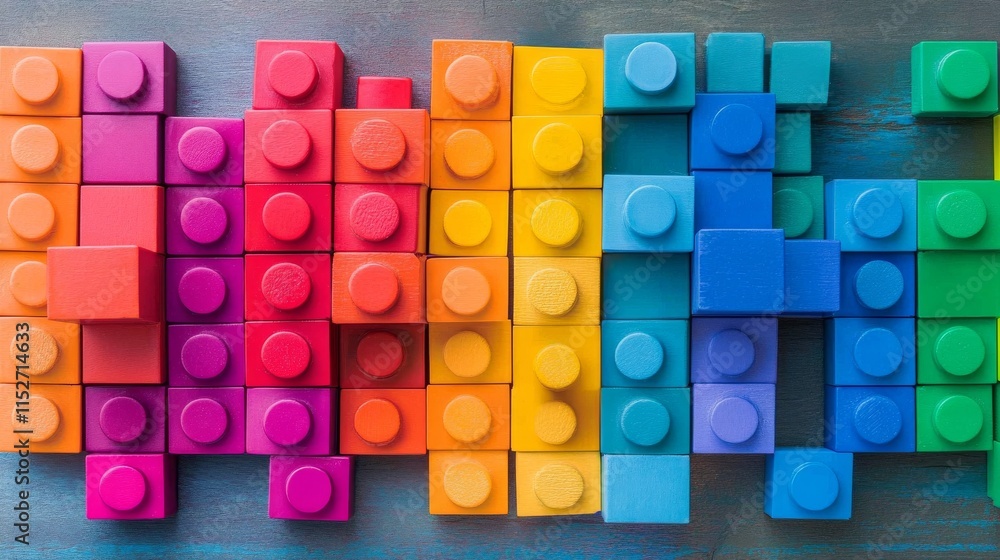 Poster a creative block-building setup with artistically arranged colorful bricks, contemporary constructio
