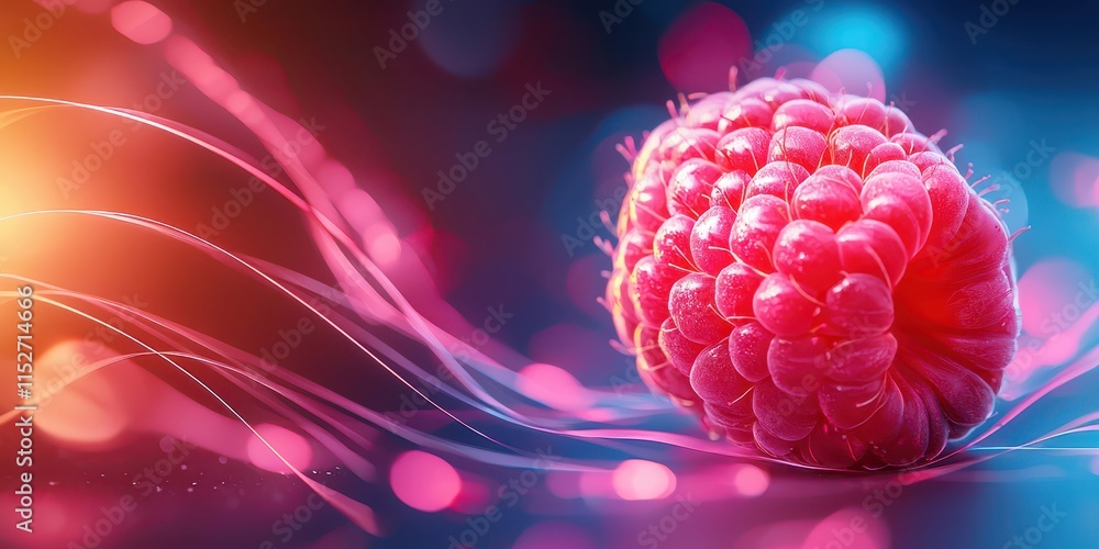 Poster raspberry on glowing pink and red abstract background. fruit with abstract glowing light background.