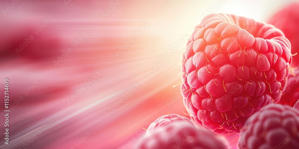 Poster radiant raspberry glowing on pink and red background. fruit with abstract glowing light background.