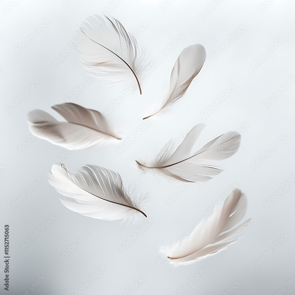 Poster elegant white feathers floating on a soft and clean background
