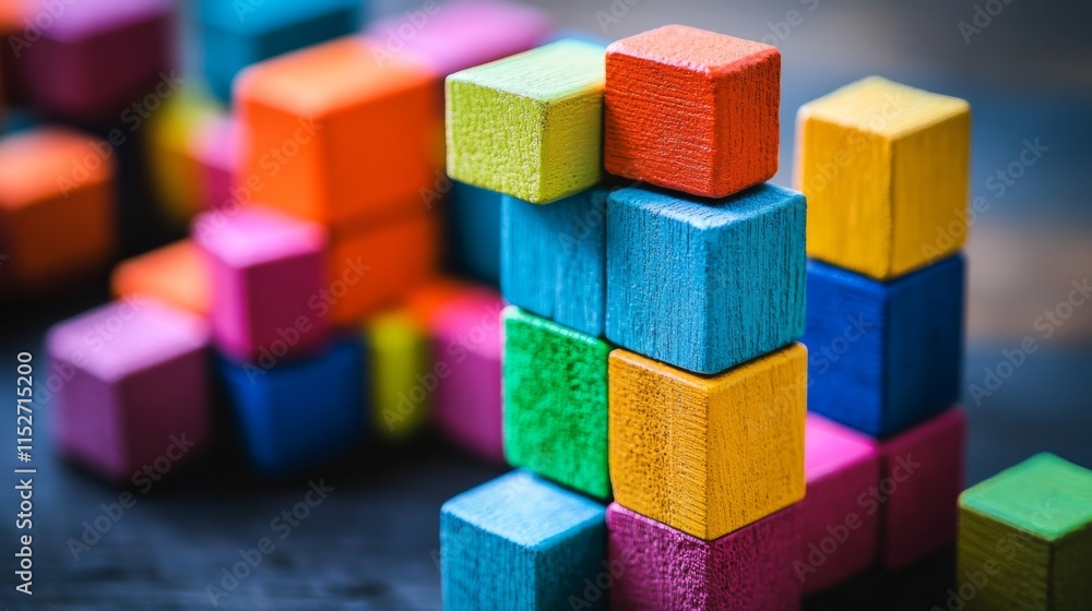 Poster A creative block-building setup with artistically arranged colorful bricks, Contemporary construction style, photo of