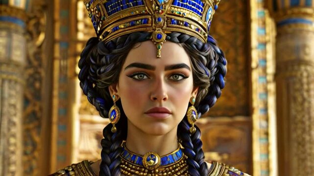 A regal queen of Mesopotamia, with an elaborate braided hairstyle and a crown inlaid with lapis lazuli