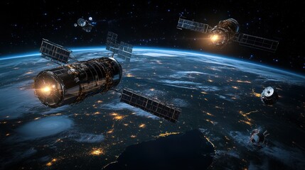 A photorealistic 3D render capturing abandoned satellites and torn space equipment floating together in orbit above a glowing Earth with visible continents