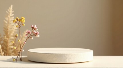 Pastel Floral Arrangement with a White Circular Pedestal on a Neutral Background