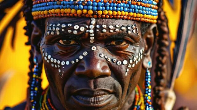 A Zulu warrior with facial scarification, intense eyes, and a traditional headband made of beads