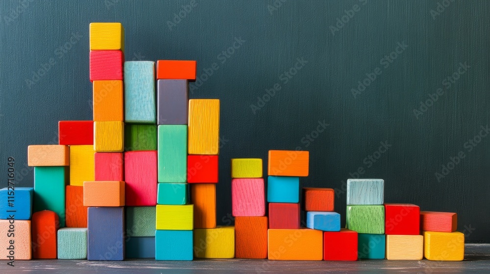 Poster a creative block-building setup with colorful bricks arranged artistically, contemporary constructio