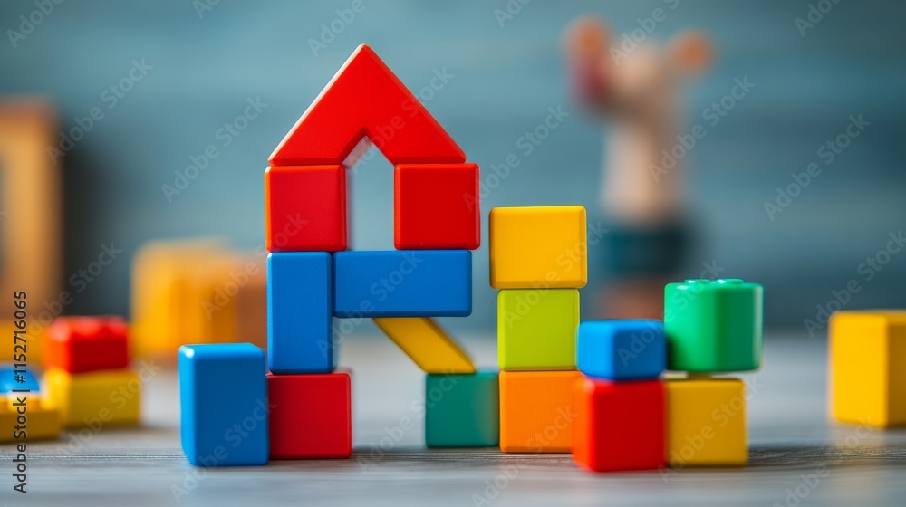 Poster A creative block-building setup with colorful bricks arranged artistically, Contemporary construction style, photo of