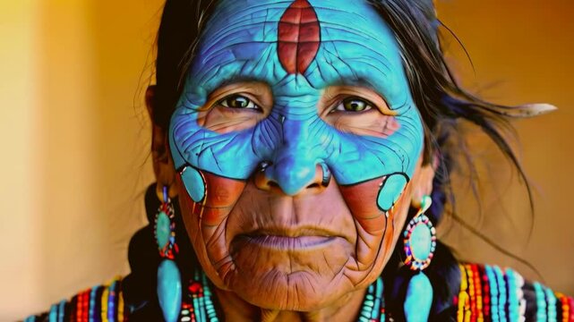 A Native American Ancestral Puebloan woman with painted patterns on her face, wearing turquoise jewelry.