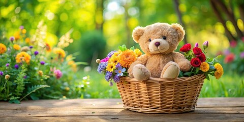 A small stuffed toy teddy bear sitting in a wicker basket filled with colorful flowers and lush green leaves , basket
