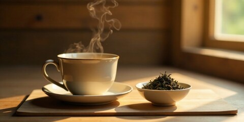 Aromatic Tea Brewing Session Steaming Cup and Loose Leaf Tea on Wooden Surface in Sunlight