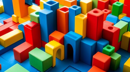 Obraz premium A creative block-building setup with colorful bricks arranged artistically, Contemporary construction style, photo of