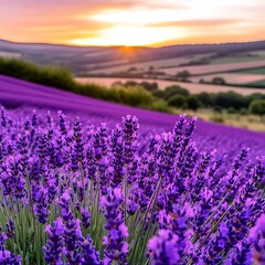 Fototapeta premium Artistic Capture of Lavender Fields at Sunset with Clean White Style