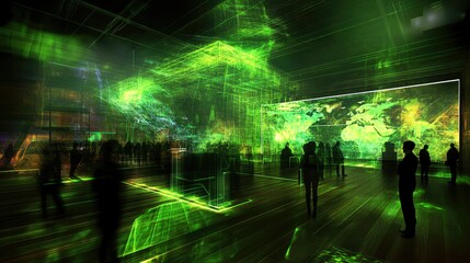 Immersive green digital art installation with people.