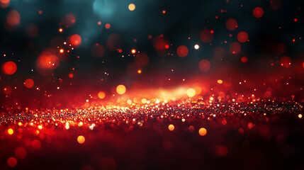 Dynamic red glitter particles spread across a deep black background symbolizing chaos energy passion transformation elegance and the duality of power and vulnerability in a bold visual statement