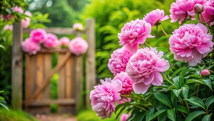 Fototapeta premium Soft focus on a cluster of fluffy pink peonies flowers in a lush green garden with a subtle wooden gate background, garden decor, spring flowers