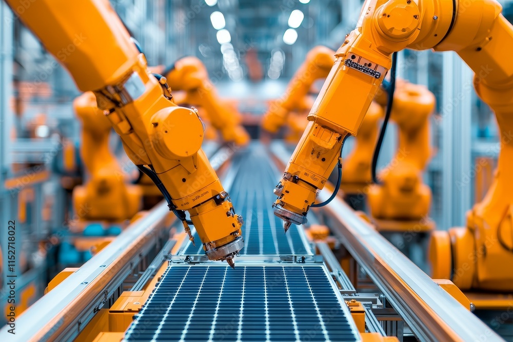 Poster energy-efficient manufacturing technology. robots assembling solar panels in a modern factory.