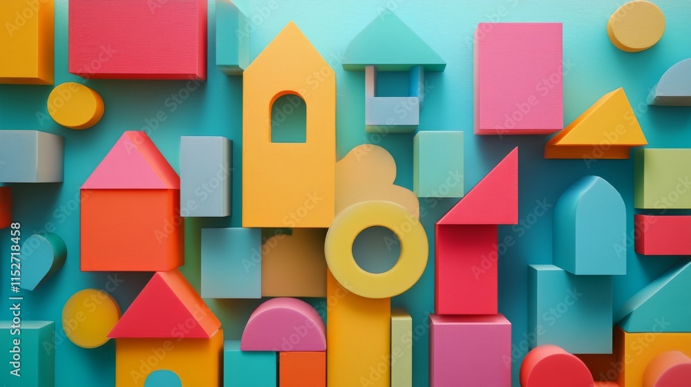 Poster A creative building blocks scene in a children's playroom, Blocks arranged in a whimsical pattern, Playful imagination style