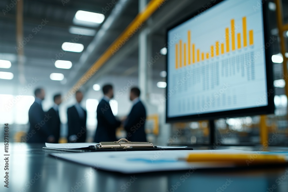 Poster manufacturing output to goals. business meeting with data analysis on screen in background