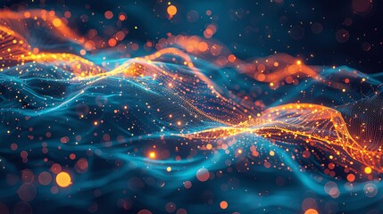 Obraz premium Abstract digital landscape of glowing blue and orange particles forming undulating waves.
