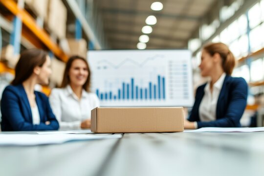 Manufacturing output to goals. Business meeting with colleagues discussing logistics data.