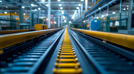 Industrial Workshop with Rails and Machinery in Modern Factory Setting
