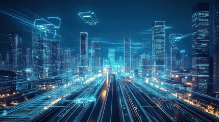 Naklejka premium A futuristic cityscape with digital elements and light trails depicting advanced technology.