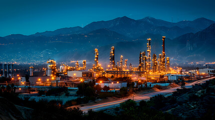 Fototapeta premium Nighttime Industrial Landscape with Refineries and Mountain Backdrop