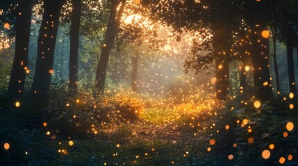 A peaceful forest clearing with shimmering lights floating around trees and bushes creating an enchanting scene