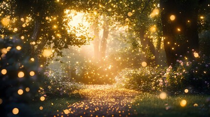 A peaceful forest clearing with shimmering lights floating around trees and bushes creating an enchanting scene