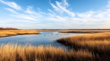 Serene Marsh Landscape Under a Blue Sky with Birds