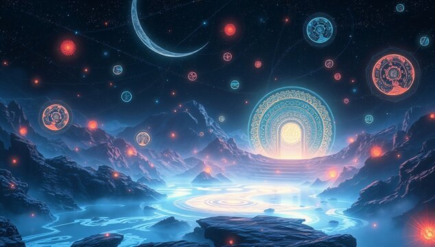 cryptic digital landscape with swirling patterns