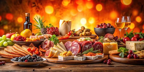 A colorful and lively buffet table with a variety of cured meats, cheeses