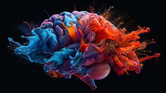 Abstract Brain Exploding with Vibrant Blue and Orange Paint Splashes