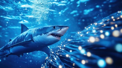 Fototapeta premium Great White Shark Encountering Underwater Light Fibers