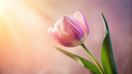 Fototapeta premium A delicate tulip blooms against a soft pastel pink paper background, its petals gently unfurling towards the warm sunlight filtering through the window , spring flowers, paper background