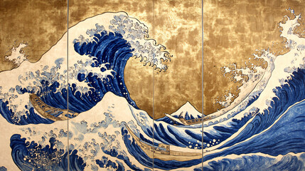 Modern reinterpretation The Great Wave Kanagawa style vivid blue golden artistic setting Japanese decor art creative interior design canvas painting hand drawing wall wallpaper frame deluxe gallery