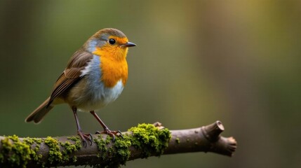 Fototapeta premium A Vibrant Small Bird Perched on a Mossy Branch in a Natural Setting