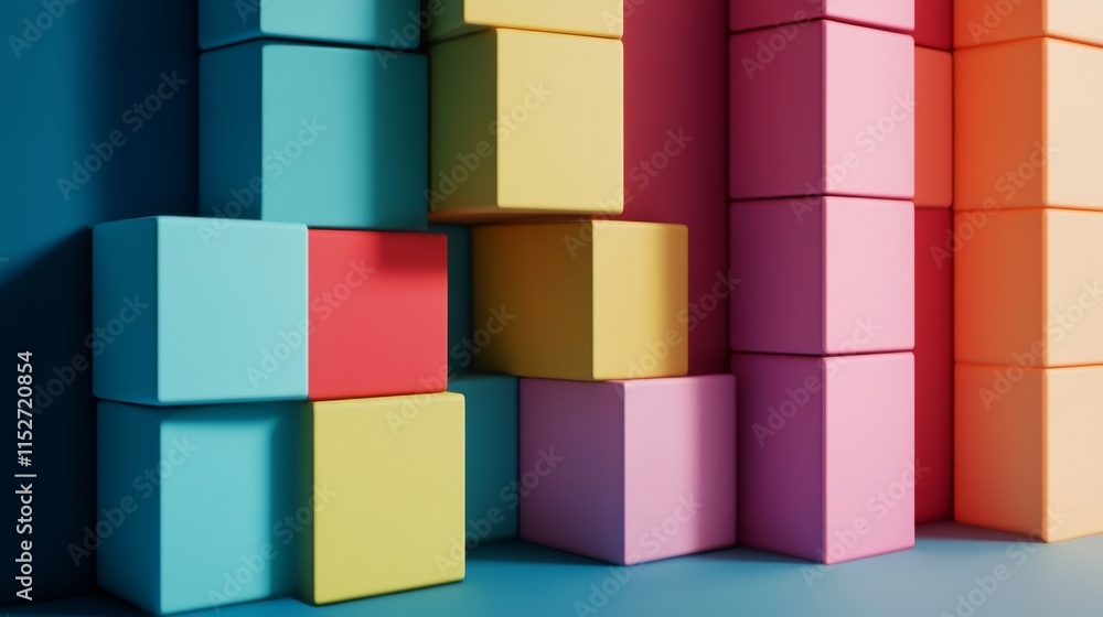 Poster A creative building blocks scene in a minimalist studio, Colorful blocks arranged in a pattern, Contemporary artistry style