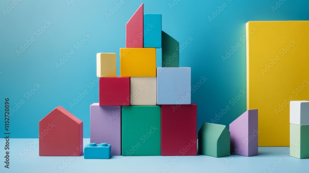 Poster A creative building blocks scene in a minimalist studio, Colorful blocks arranged in a pattern, Contemporary artistry style