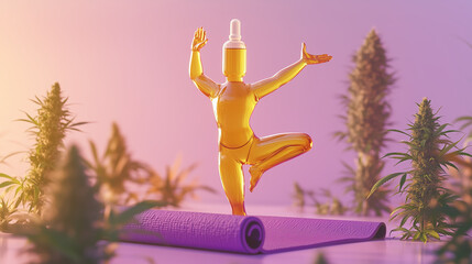 Golden yoga figure with dropper bottle head balancing in tree pose against sunset background.