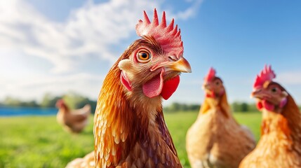 Fototapeta premium Playful Rooster with Colorful Plumage in a Pastoral Farm Landscape