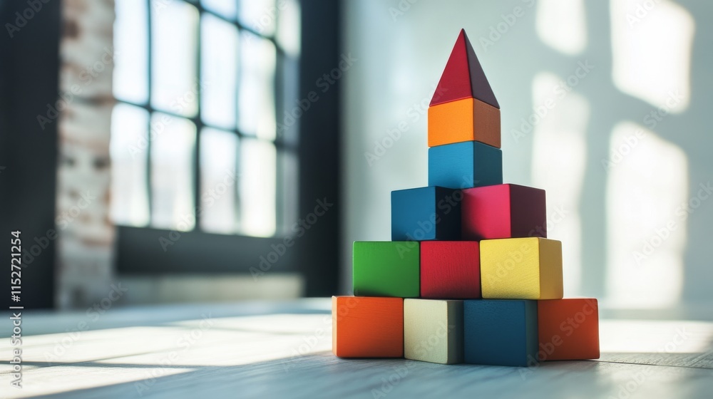 Poster a creative building blocks scene in a modern architectural studio, blocks arranged in a futuristic d