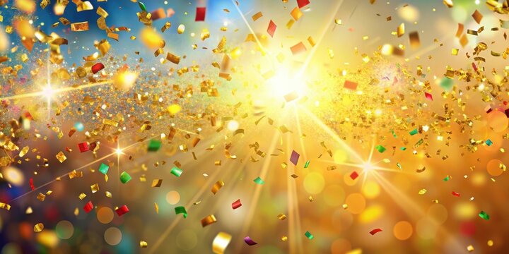 Colorful falling gold confetti in the air, with a bright sunlight background, creating a festive and celebratory atmosphere, celebratory scene, sunny day