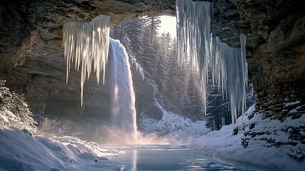 A majestic frozen waterfall cascading into a snow-covered valley, with icy stalactites hanging dramatically from the cliffs. Sunlight filters through the winter mist, creating an ethereal glow. 