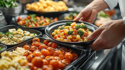 Chef's hands serving a dish of colorful roasted vegetables from a buffet.