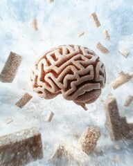 Abstract Representation of Human Brain Surrounded by Crumbling Blocks