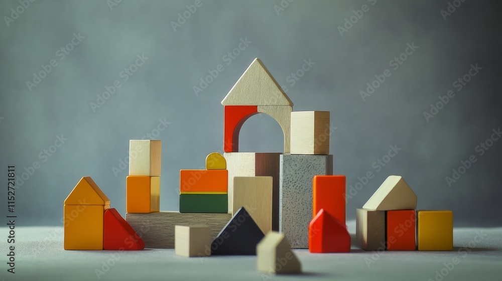 Poster a creative building blocks scene in a modern architectural studio, blocks arranged in a futuristic d