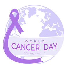 Purple ribbon with world map for world cancer day. Awareness, support, attention, medical care, healthcare, help concept. Vector illustraton, isolated on white.