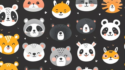 Fototapeta premium A seamless pattern of cute animal faces in black, white, orange, and gray on a black background.